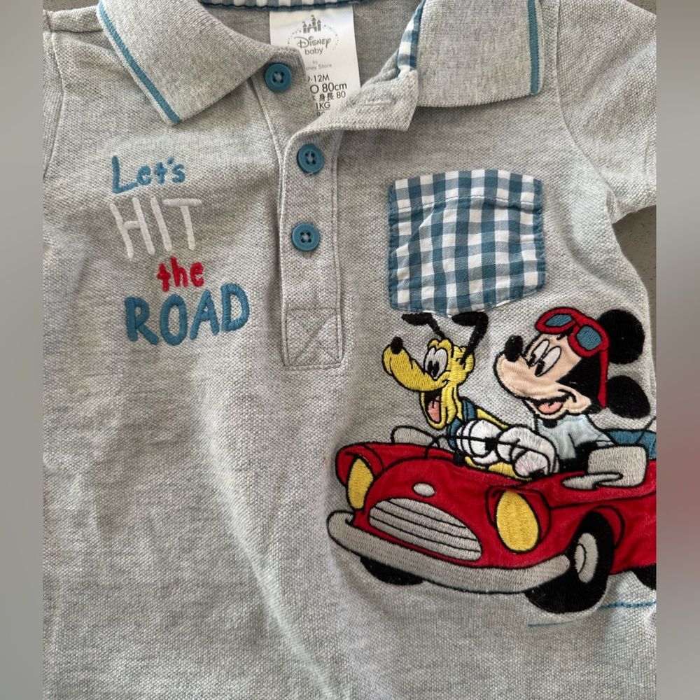 Disney Baby Grey Plaid trim short sleeve Mikey Romper size 9-12 months - Picture 2 of 4